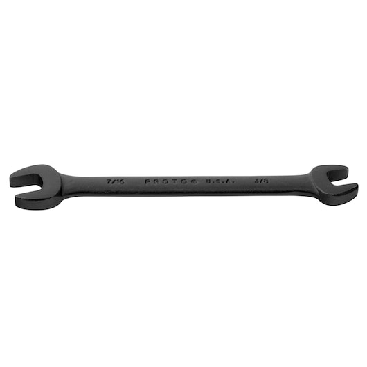 PROTO J3021B black double open-end wrench, front angle, 7/16 and 3/8 inch sizes on white background.