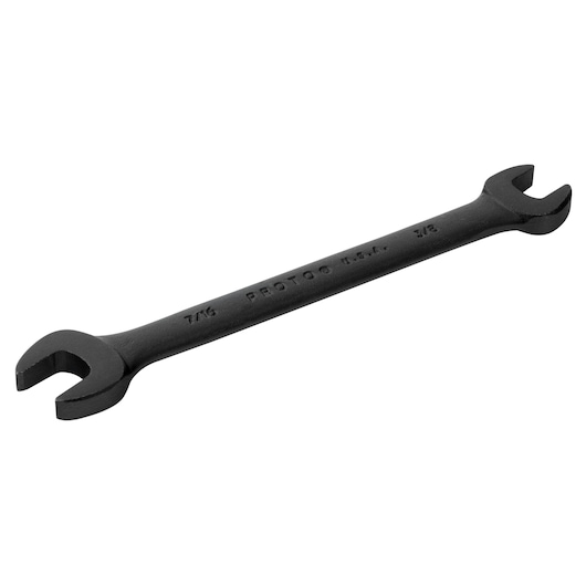 PROTO J3021B black double open-end wrench, 7/16 and 3/8 sizes, side angle on white background.