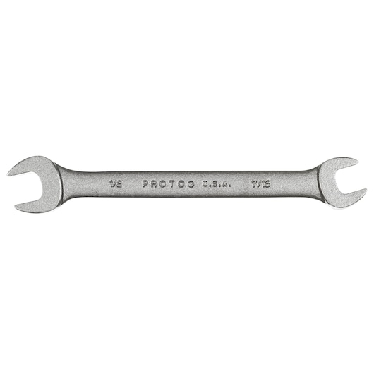 PROTO J3025B open-end wrench in silver, dual-size 1/2 and 7/16, straight-on view on white background.