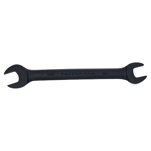 PROTO J3026B black double open-end wrench with 9/16 and 1/2 inch heads, top view on white background.