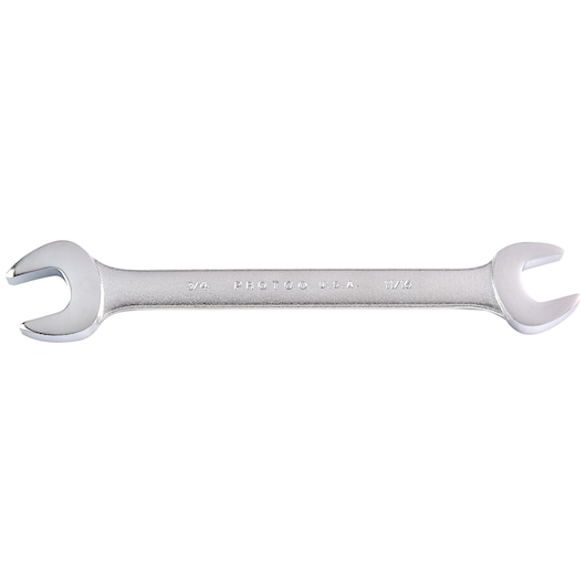 PROTO J3035 double open-end wrench, polished silver, with two different size open jaws, side angle on white background.