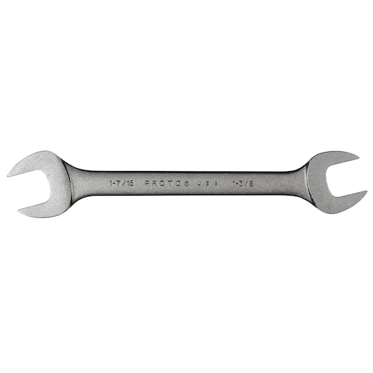 PROTO J3060B double open-end wrench, silver metal, two different jaw sizes, top view on white background.