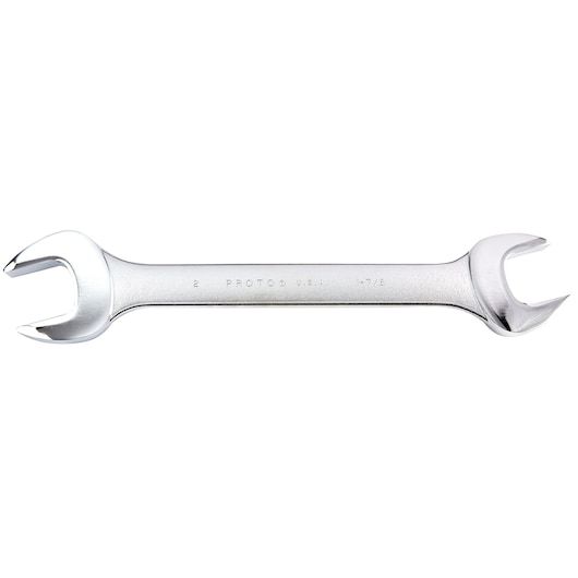 PROTO J3080 double open-end wrench, silver, photography, top view on white background.