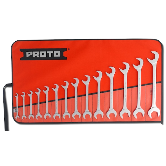 PROTO J3100B open-end wrench set with 15 wrenches in a red tool roll, photography on white background.