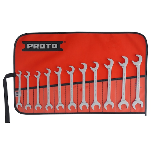 PROTO J3100M open-end wrench set in red roll-up pouch, thirteen wrenches arranged by size, top view.