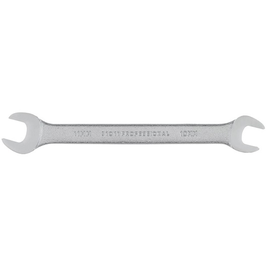 PROTO J31011 open-end wrench, silver, double-ended, 10mm 11mm sizes, top view on white background.