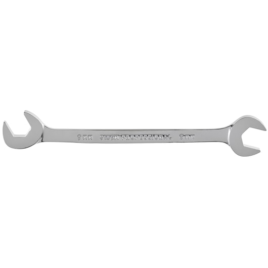 PROTO J3109M chrome open-end wrench, 9mm size, product photography, side angle, white background.