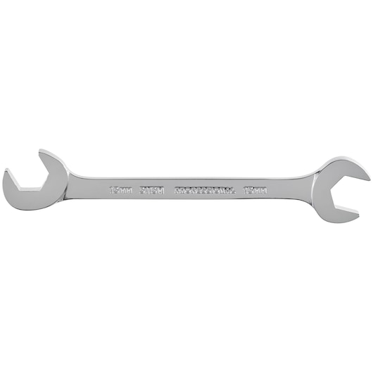 PROTO J3113M open-end wrench, chrome finish, 13mm and 15mm, product photo, side view on white background.