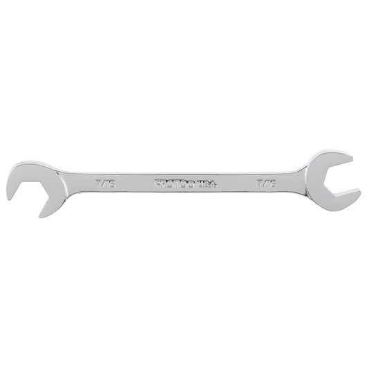 PROTO J3114 chrome double open-end wrench, photography, side angle, 7/16 and 7/8 sizes, white background.