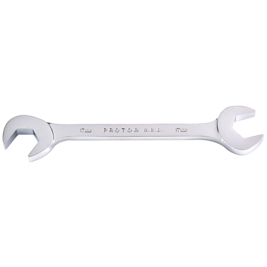 PROTO J3117M chrome double open-end wrench, 17mm, straight angle on white background.