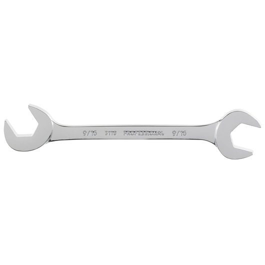 PROTO J3118 photography of chrome open-end wrench, 9/16 inch size, side angle on white background.