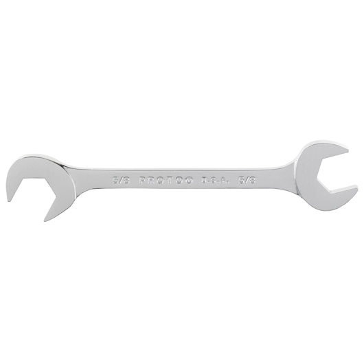 PROTO J3120 polished chrome open-end wrench, dual 5/8 inch ends, product photography, side view, white background.