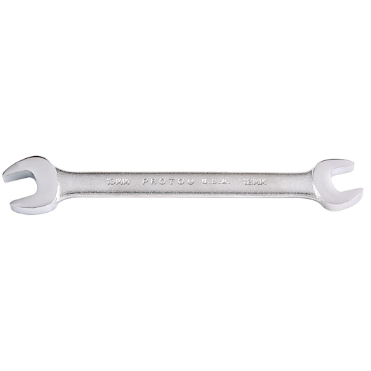 PROTO J31213 open-end wrench with 13mm and 12mm ends, silver finish, side view on white background.