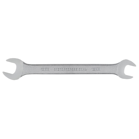 PROTO J31213 open-end wrench, silver, dual head 15mm and 18mm, photography, top angle on white background.