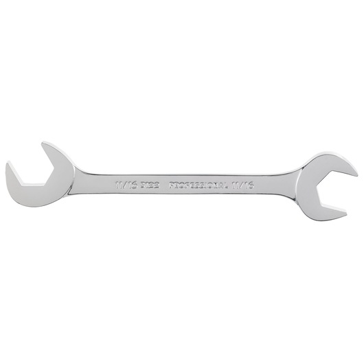 Photo of PROTO J3122 chrome open-end wrench, 11/16 inch, side angle on white background.
