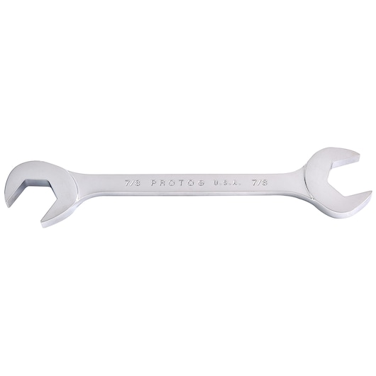 PROTO J3128 chrome open-end wrench, double-sided, on white background, tool photography.