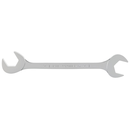 PROTO J3136 chrome open-end wrench, photography, side angle on white background.