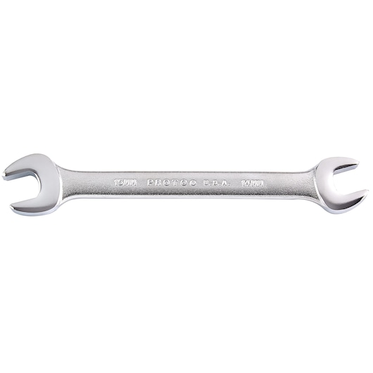 Photo of PROTO J31415 double open-end wrench, silver finish, horizontal front angle on white background.
