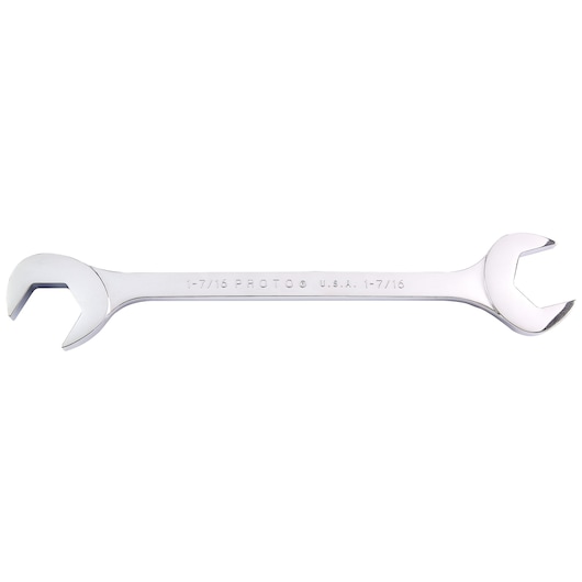 PROTO J3146 polished chrome open-end wrench, double head, front angle, on white background.