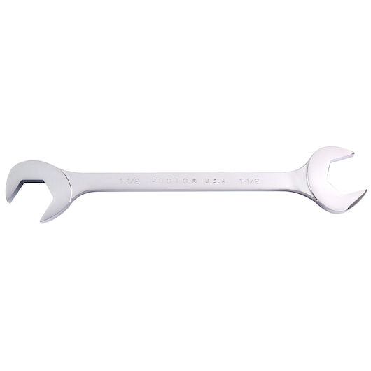 PROTO J3148 polished chrome open-end wrench, dual 1-1/2 inch ends, horizontal angle, on white background.