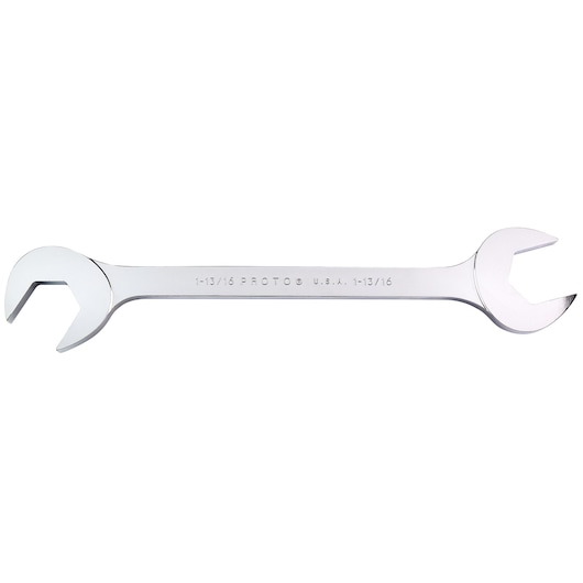 PROTO J3158 double open-end wrench, chrome finish, engraved size markings, horizontal front angle, white background.