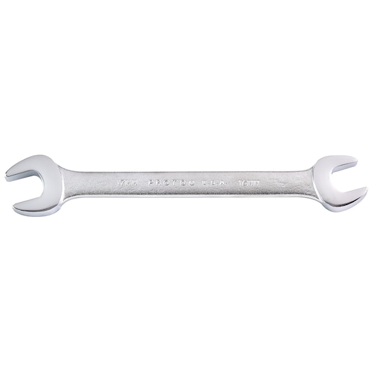 PROTO J31617 double open-end wrench, silver metal, top view on white background.