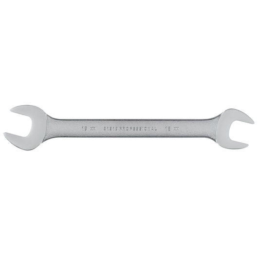 PROTO J31819 open-end wrench, silver metal, dual head, tool category, side view on white background.