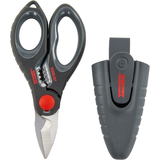 PROTO J318SS industrial scissors with gray handles and matching protective sheath, front angle.