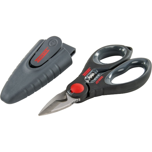 PROTO J318SS industrial scissors with black sheath, angled view on white background.