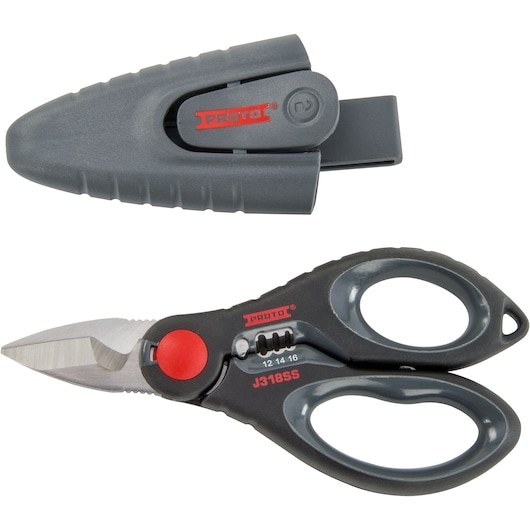 PROTO J318SS heavy-duty utility scissors with black ergonomic handles and blade cover, product photo on white background.