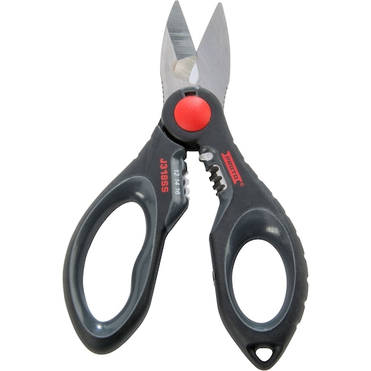 PROTO J318SS utility scissors with black ergonomic handles and stainless steel blades, front angle on white background.
