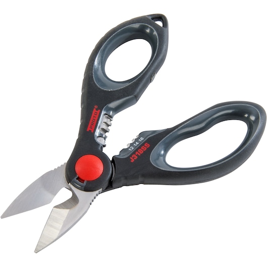 PROTO J318SS utility scissors with black ergonomic handles and stainless steel blades, side angle photo.