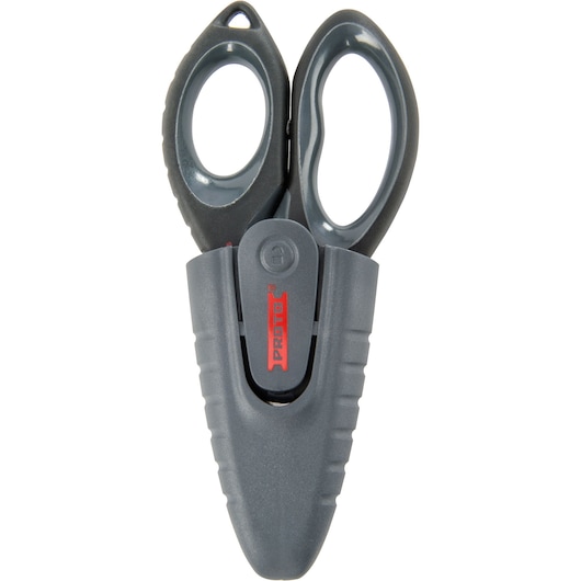 PROTO J318SS grey utility scissors with protective sheath, front angle, red logo on sheath.