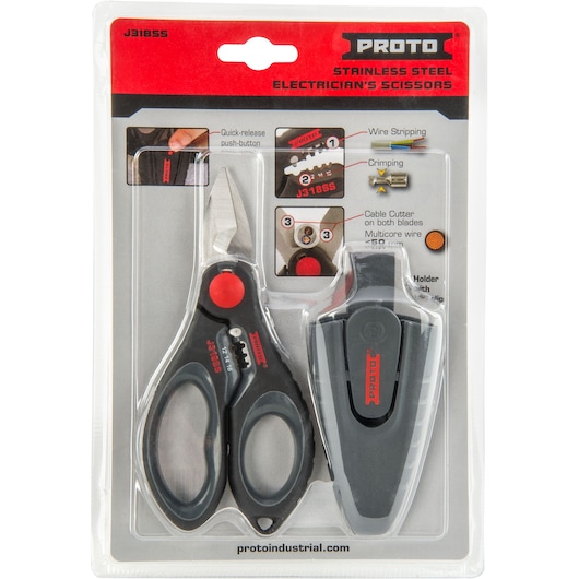 PROTO stainless steel electrician's scissors (SKU: J318SS) in retail packaging. The package includes a pair of scissors with black and red handles, several features highlighted such as wire stripping, crimping, cable cutting, and a quick-release push button mechanism. Also shown is a hard plastic protective holder for the scissors.