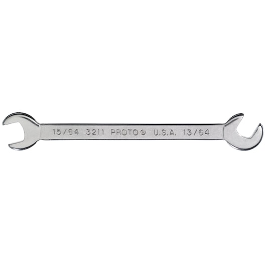 PROTO J3211 double open-end wrench, silver, photography, top view on white background.