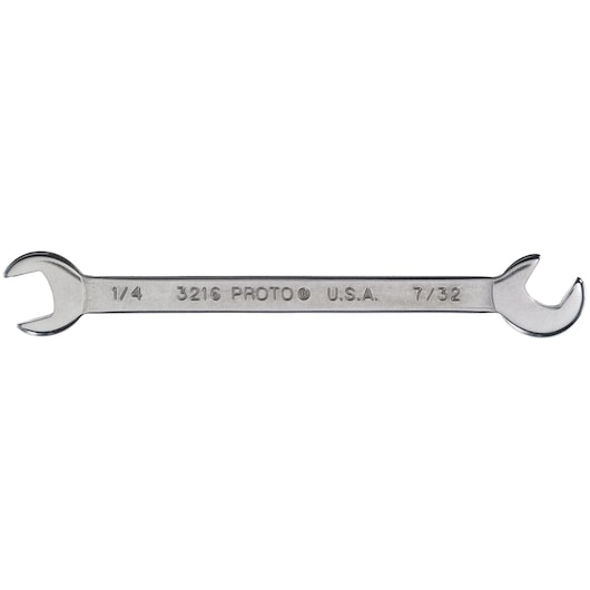 PROTO J3216 double open-end wrench, silver metal, 1/4 and 7/32 inch sizes, front view on white background.