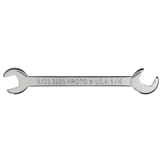 Photo of PROTO J3220 open-end wrench, silver finish, front view on white background.