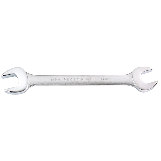 PROTO J32426 double open-end wrench, silver steel, 24mm and 26mm sizes, top angle on white background.