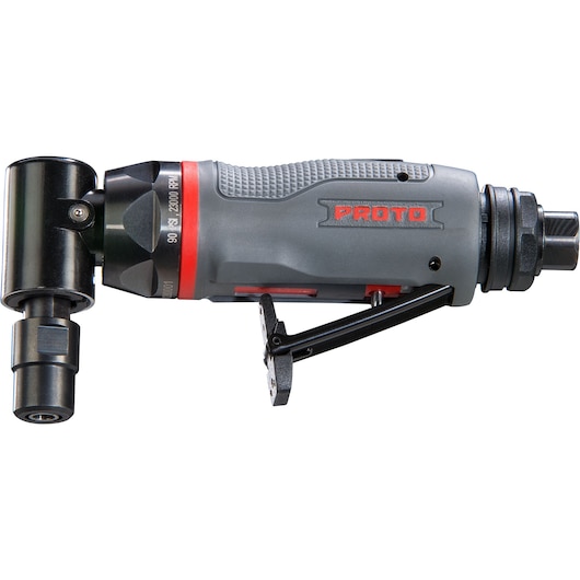PROTO J325AGAH90 gray and black right angle air die grinder side view on white background.