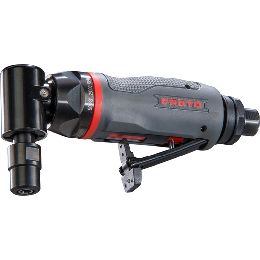 PROTO J325AGAH90 gray and black right angle air grinder side view on white background.