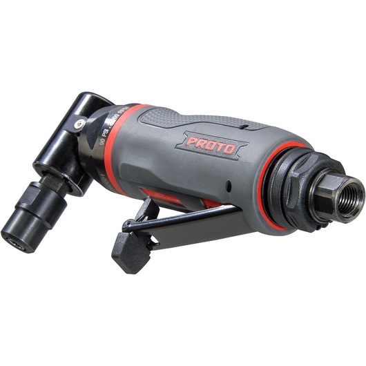 Photo of PROTO J325AGAH90 gray and black angle die grinder with red accents, side angle on white background.