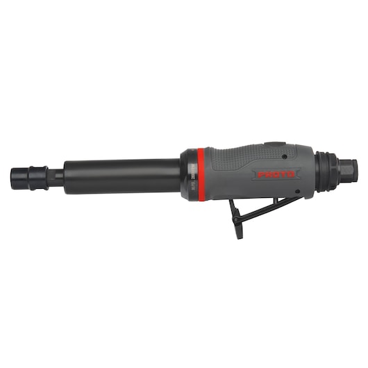 Photo of PROTO J325AGSE long black and gray pneumatic die grinder, side angle on white background.