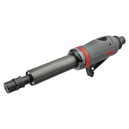 PROTO J325AGSE grey and black long die grinder, side view on white background, ergonomic grip.