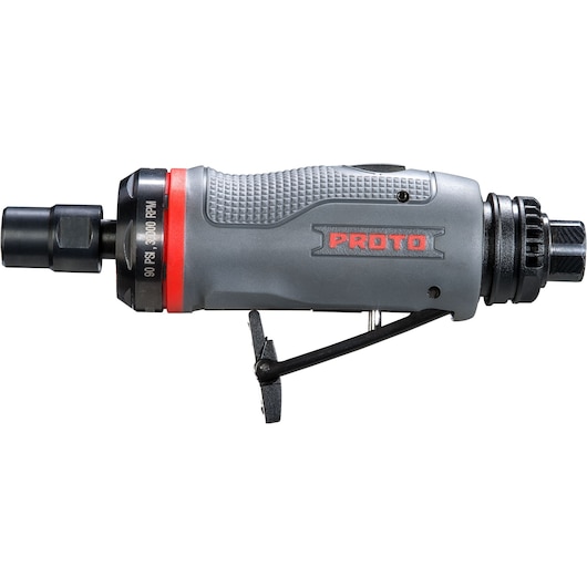 Photo of PROTO J325AGS gray pneumatic die grinder, side view on white background.