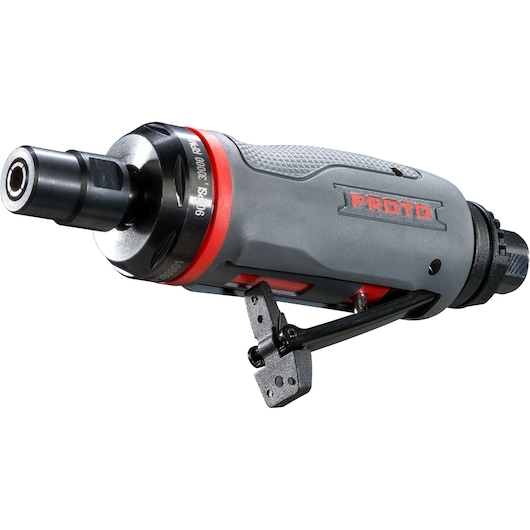 PROTO J325AGS gray and black die grinder with red accents, side view on white background.
