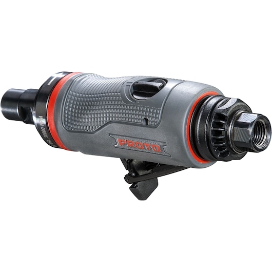PROTO J325AGS gray and black air die grinder with red accents, side view on white background.