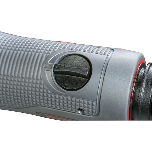 Close-up view of a textured grey handle with a black rotary control switch, part of a PROTO brand photography tool.