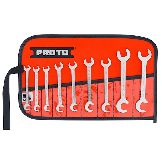 Photo of PROTO J3300A open-end wrench set in red roll-up pouch, set of 9 wrenches displayed front view.