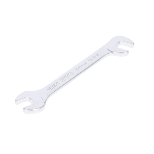 Photo of PROTO J3315W open-end wrench, silver finish, dual head, flat angle, on white background.