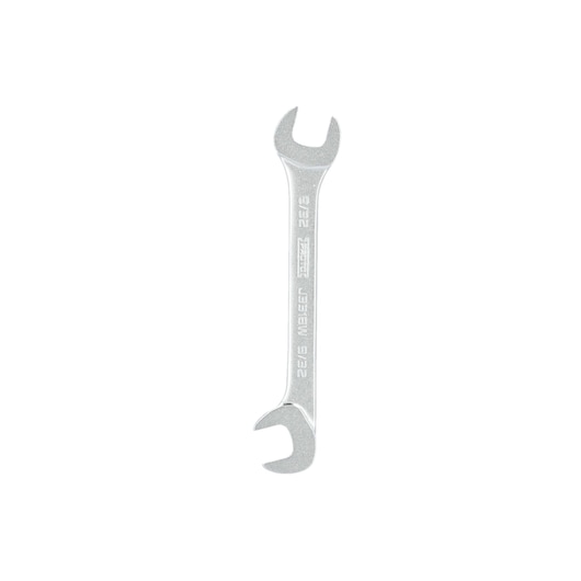 Photo of PROTO J3318W open-end wrench, silver finish, straight view, white background, hand tool, photography.